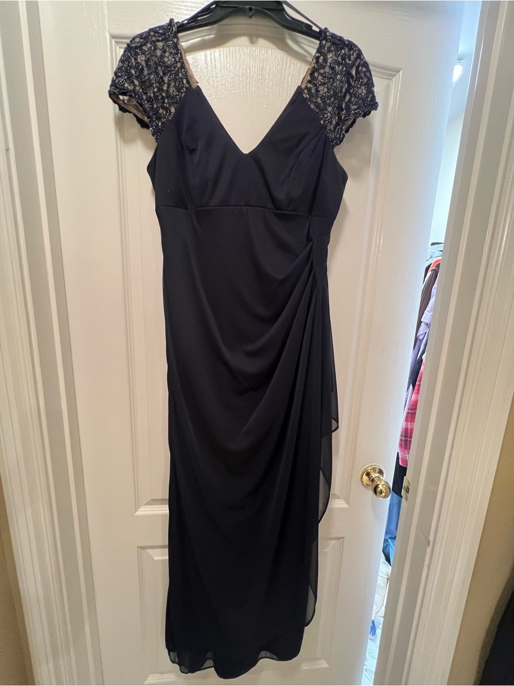 Xscape Navy Lace Cap-Sleeve V-Neck Maxi Dress